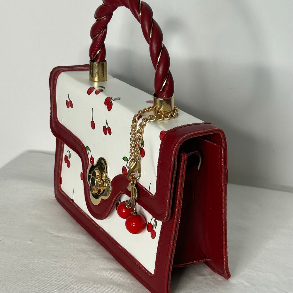 Cherry Print Top Handle Crossbody Bag Red White Faux Leather NWT Cottagecore